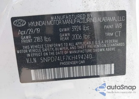 2019 Hyundai Elantra Se z USA, uszkodzony, nr VIN 5NPD74LF7KH494240